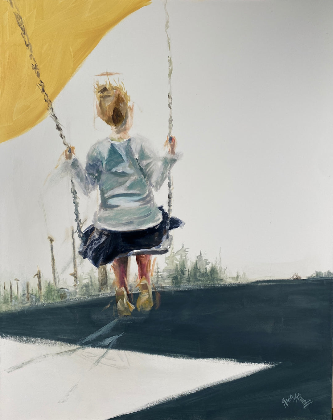 A young girl swings by Nena Howell, certified Edmonds WA born artist. Surrounded by the beauty of the northeast coastal sea.