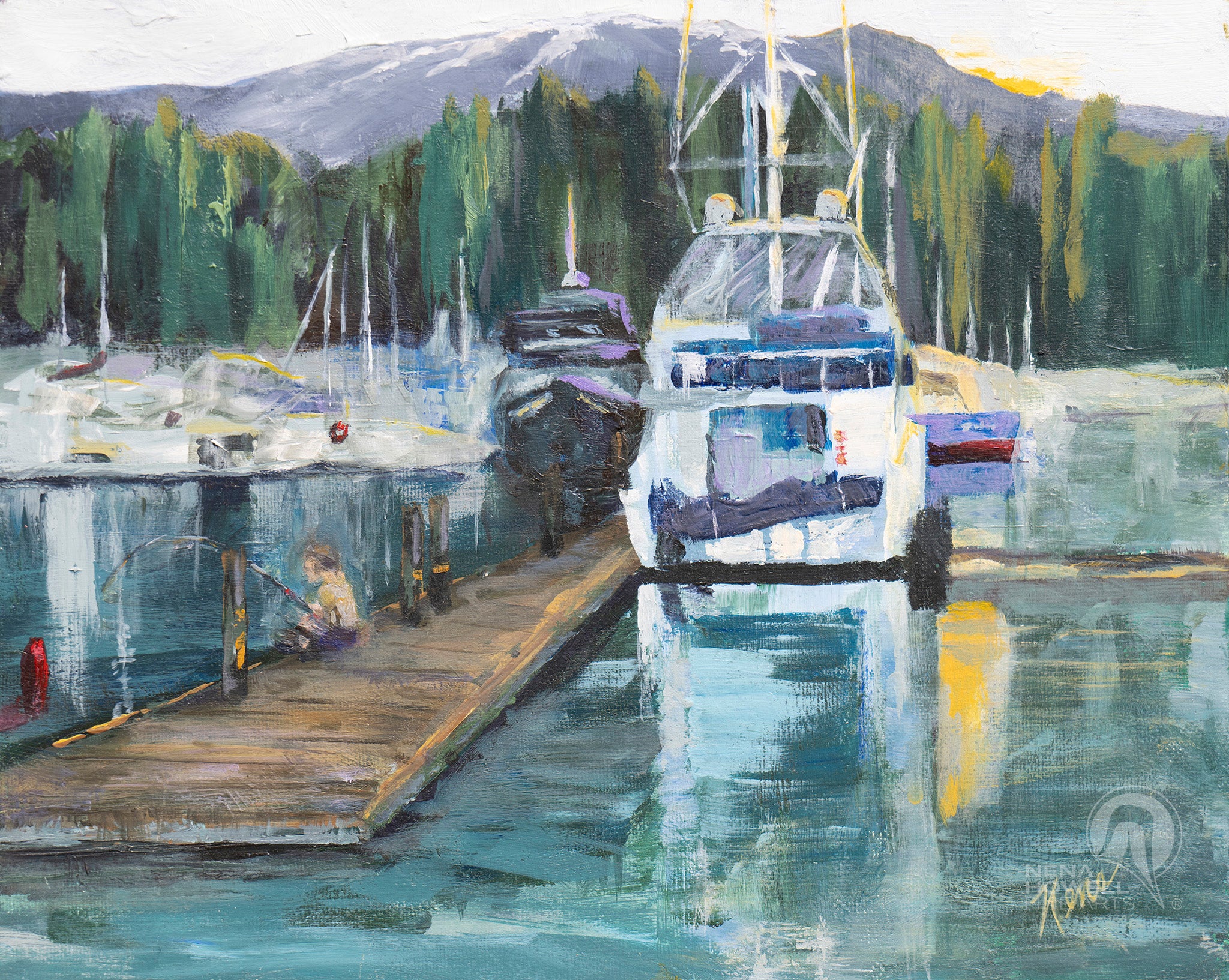 Sunset Mooring is a serene oil painting by Nena Howell that captures the peaceful atmosphere of a coastal marina.