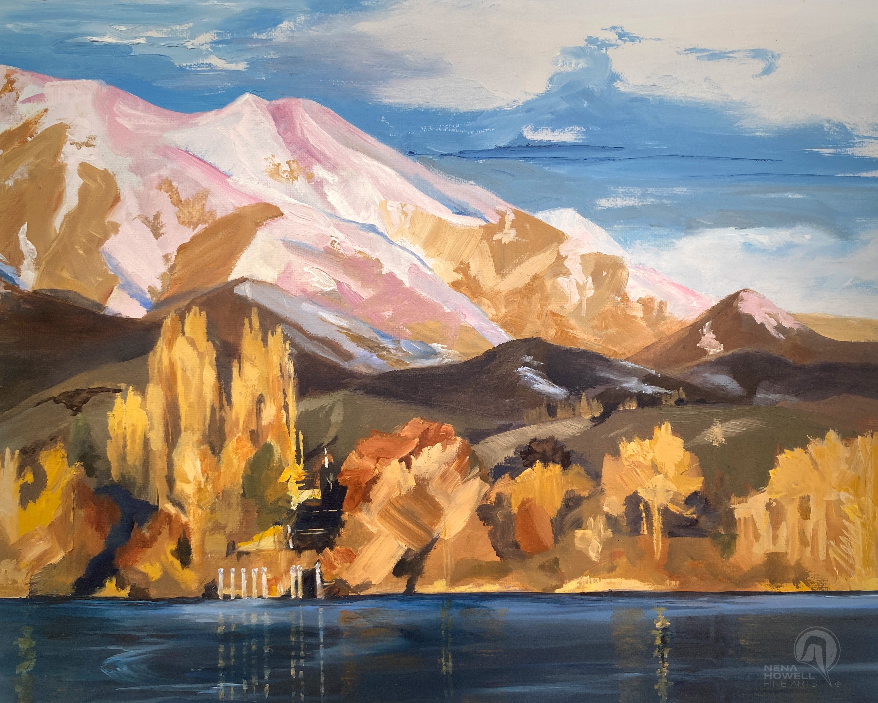 Wenatchi River original oil painting by Nena Howell captures the serene beauty of the Wenatchi River and rolling hills. 