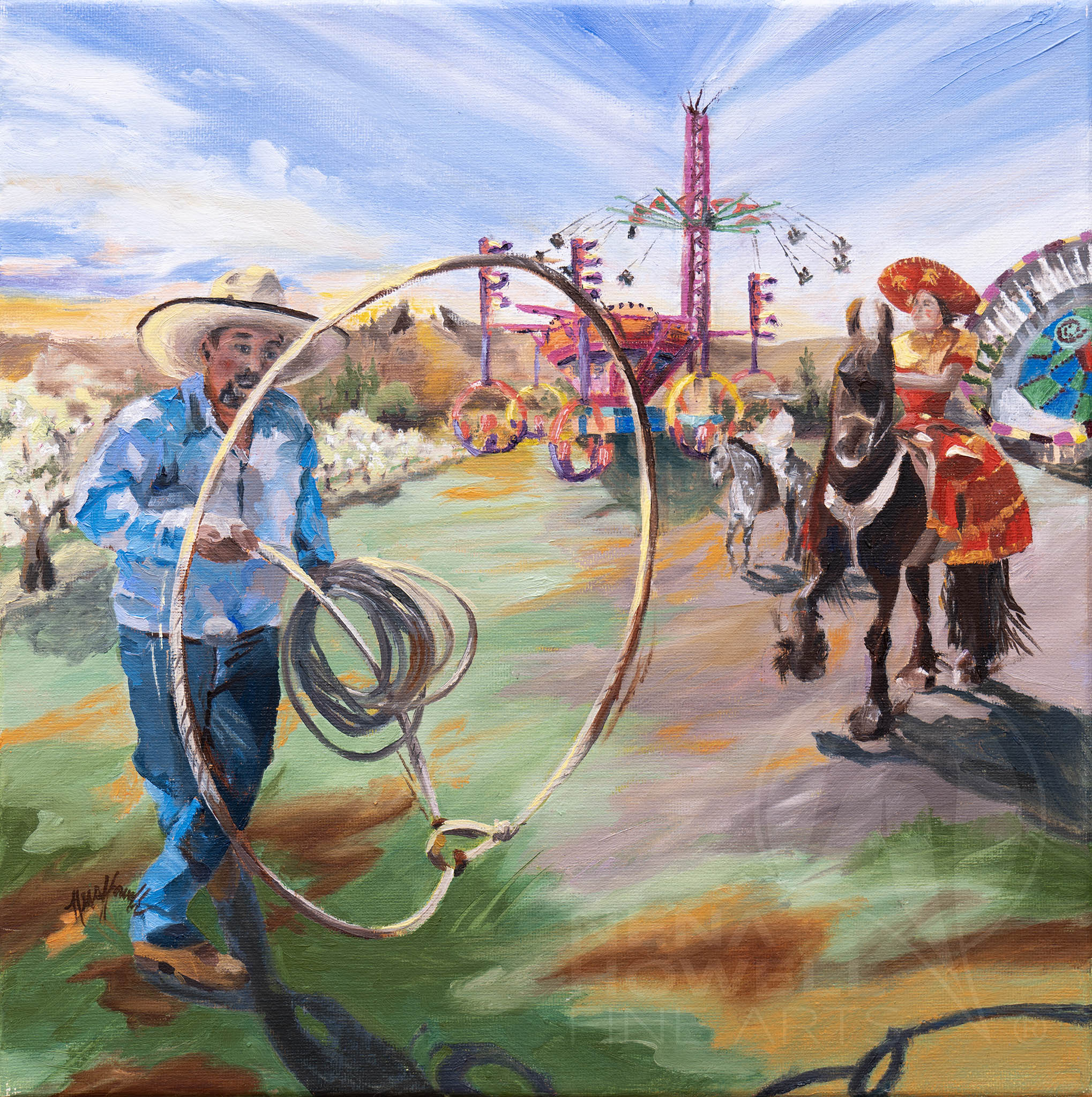 Nena Howell's oil painting. Wenatchee Apple Blossom. Hispanic male horseback rope trick. Award-winning.